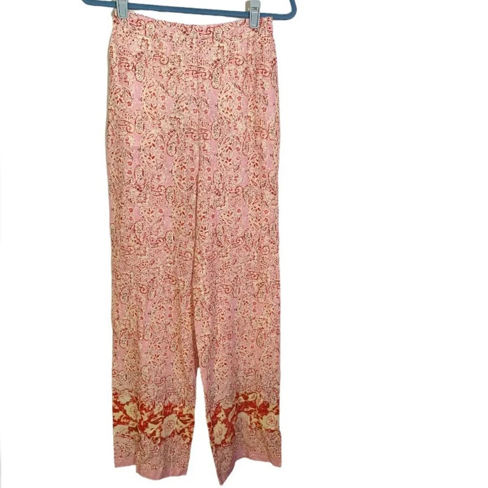 Zara Linen Blend Pants High Waist Wide Leg Pants Pink Paisley Women’s Size Small